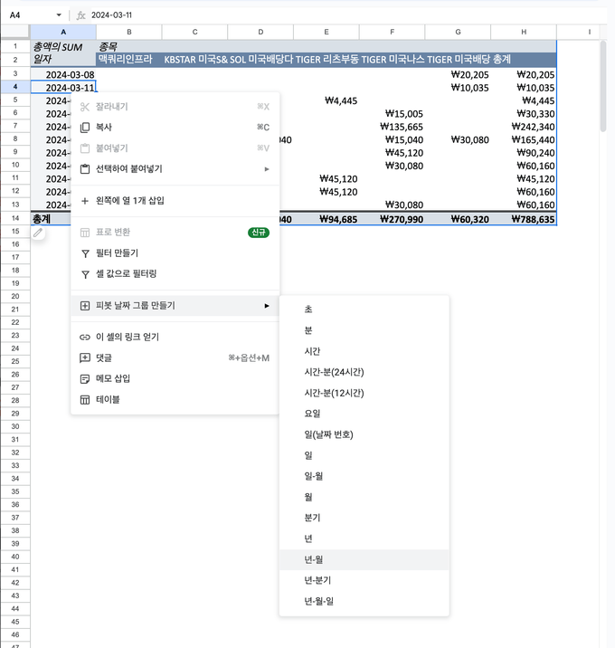 피봇 날짜 그룹 만들기